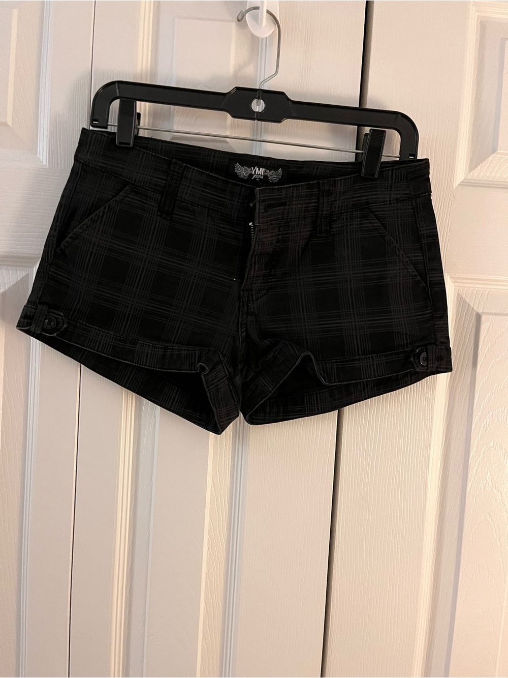 YMI Black Plaid Low-Rise Jean Shorts